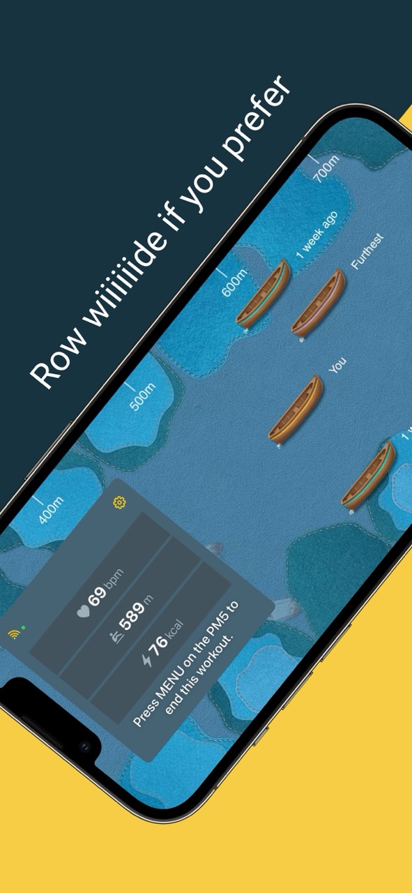 YouVsYou in landscape orientation on a phone mounted to a Concept2 rower